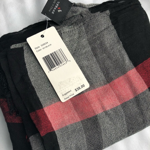NWT V Fraas Macys Black Plaid Scarf Lightweight - Picture 3 of 4